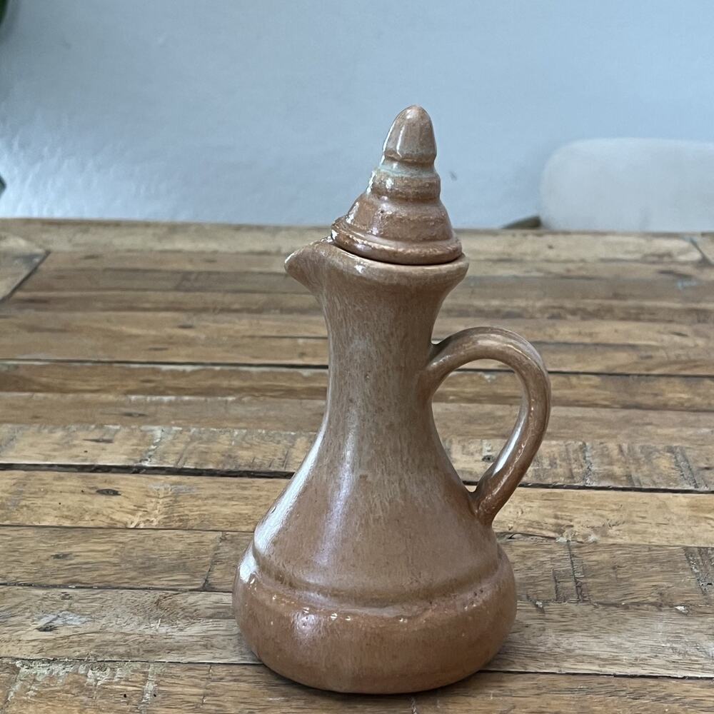 Oil or Vinegar Lidded Bottle Brown Earthy Tones Glazed 5.25" Art Pottery